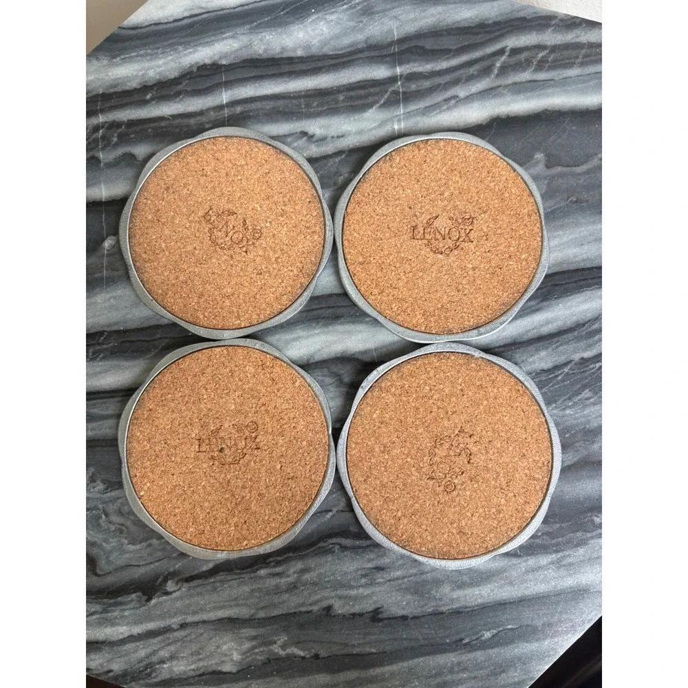 Lenox Silver Metal Floral Butterfly Coasters Set of 4 Cork Backed Scalloped 4in
